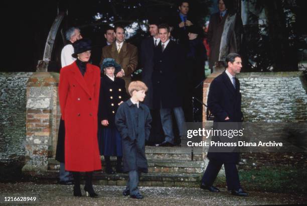 British royals Diana, Princess of Wales , wearing a red coat with a black hat, Zara Phillips, Prince Andrew, Duke of York, Prince Edward, Peter...