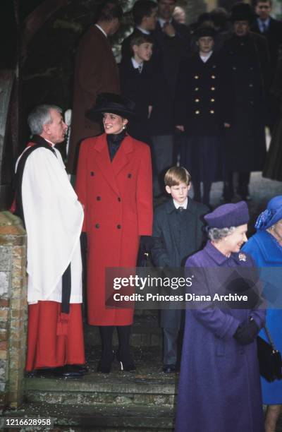 British royals Prince Philip, Duke of Edinburgh, Prince William, Zara Phillips Diana, Princess of Wales , Prince Harry and Queen Elizabeth II attend...