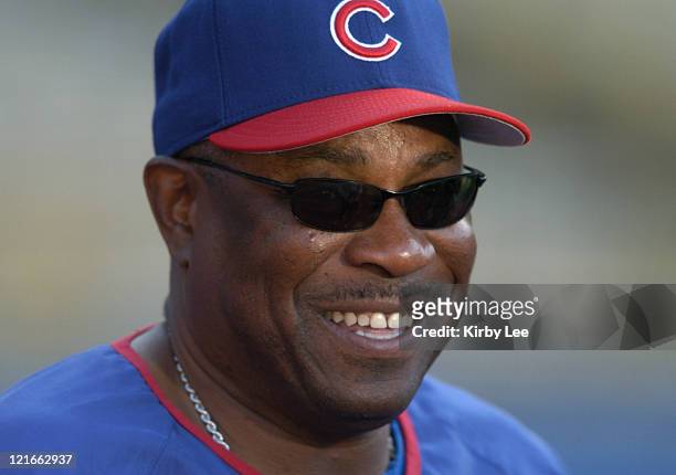 Chicago Cubs manager Dusty Baker watches batting practice before game against the Los Angeles Dodgers at Dodger Stadium on Tuesday, May 11, 2004.