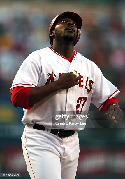 Vladimir Guerrero of the Los Angeles Angels of Anaheim looks skyward after hitting a two-run home run in the first inning of a 5-1 victory over the...