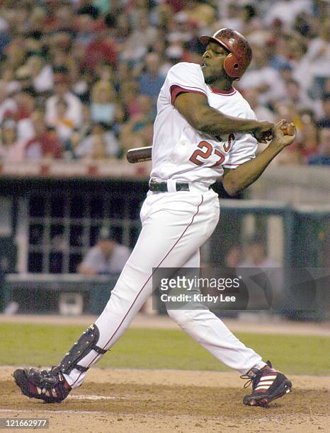 Vladimir Guerrero of the Anaheim Angels bats during 6-5 victory over the Seattle Mariners at Angel Stadium.