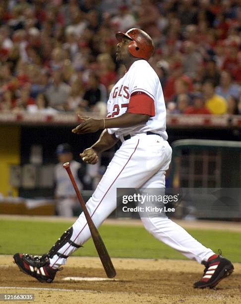 Vladimir Guerrero of the Anaheim Angels hits a three-run home run in the fifth inning of 9-4 victory over the Kansas City Royals at Angel Stadium in...