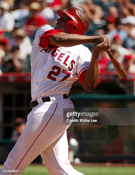 Vladimir Guerrero of the Los Angeles Angels of Anaheim bats during 8-4 victory over the Baltimore Orioles at Angel Stadium in Anaheim, Calif. On...