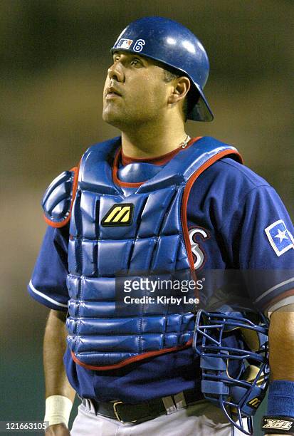 Texas Rangers catcher Gerald Laird during 2-0 loss to the Anaheim Angels at Angel Stadium on Wednesday, July 28, 2004.