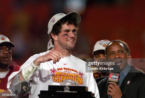 Quarterback Matt Leinart is interviewed by Lynn Swann of ABC after 55-19 victory over Oklahoma in the FedEx Orange Bowl at Pro Player Stadium in...