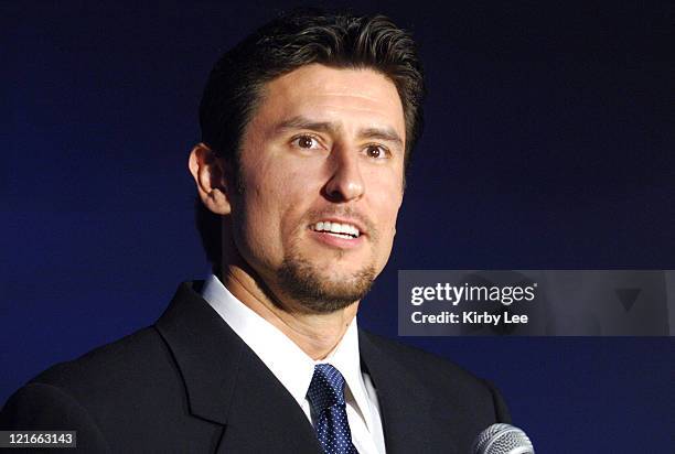 Nomar Garciaparra speaks at Los Angeles Dodger press conference to announce his signing to a one-year contract at Dodger Stadium in Los Angeles,...