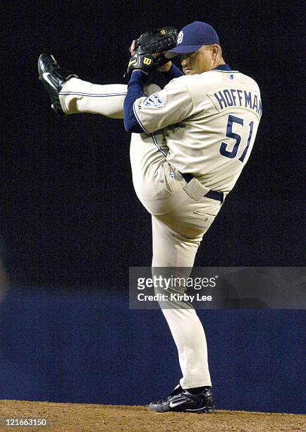 San Diego Padres reliever Trevor Hoffman pitches in the ninth inning to pick up 37th save during 7-3 victory over the Los Angeles Dodgers at Dodger...