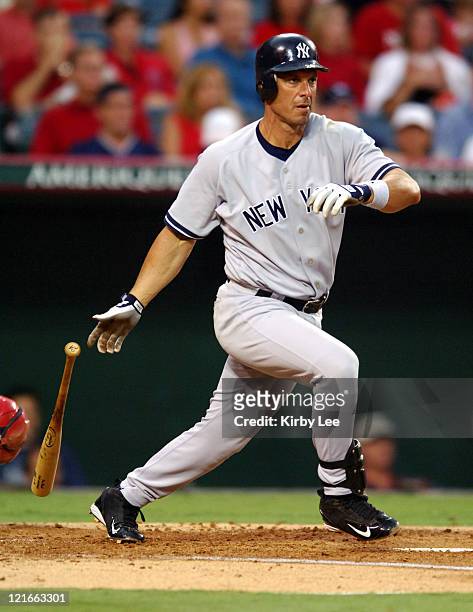Tino Martinez of the New York Yankees bats during 8-6 loss to the Los Angeles Angels of Anaheim at Angel Stadium in Anaheim, Calif. On Saturday, July...