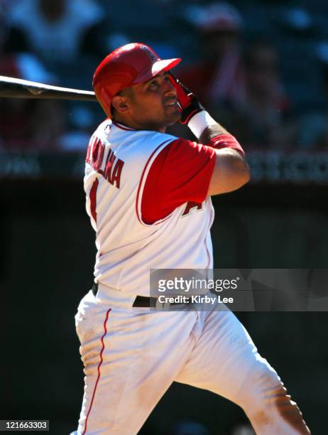 Bengie Molina of the Los Angeles Angels of Anaheim bats during 7-5 loss to the Florida Marlins at Angel Stadium in Anaheim, California on Sunday,...