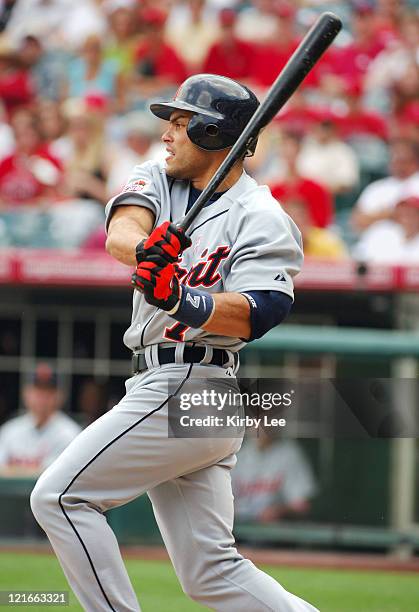 Ivan Rodriguez of the Detroit Tigers bats during 10-1 victory over the Los Angeles Angels of Anaheim at Angel Stadium in Anaheim, Calif. On Sunday,...