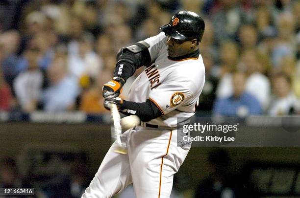 Barry Bonds of the San Francisco Giants bats during 4-1 victory over the San Diego Padres at Petco Park in San Diego, Calif. On Thursday, Sept. 30,...