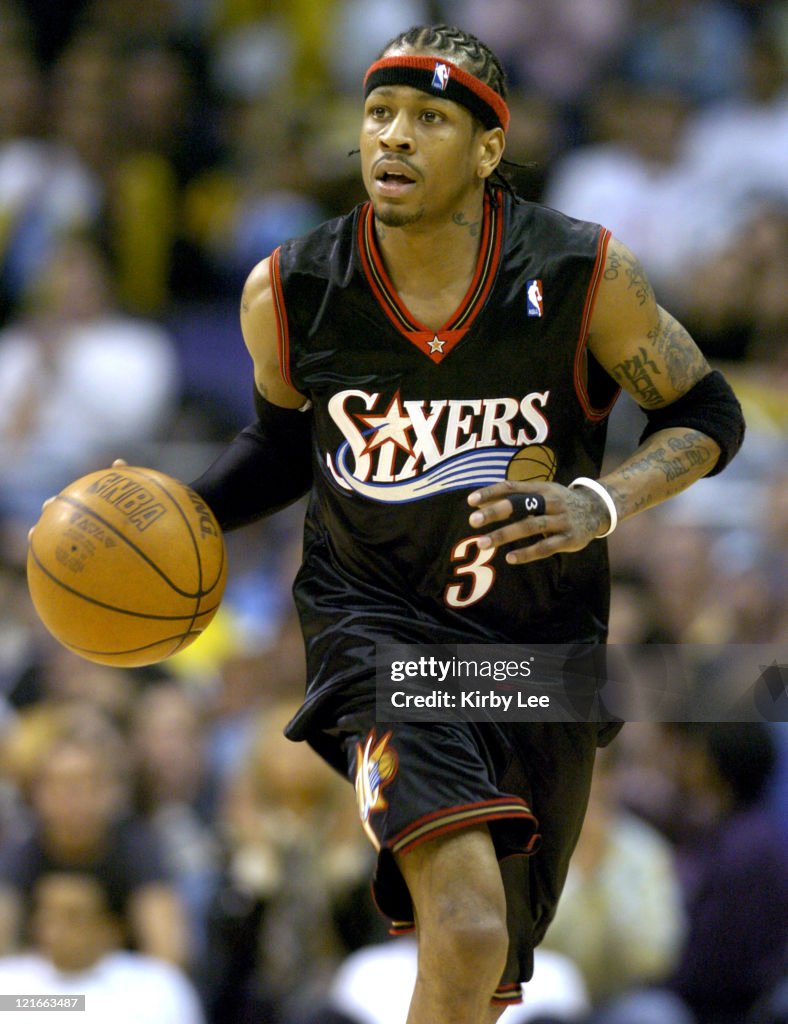 Allen Iverson of the Philadelphia 76ers brings the ball up the