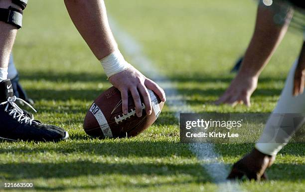 Line of scrimmage during USC spring football practice at Howard Jones Field on the campus of the University of Southern California in Los Angeles,...