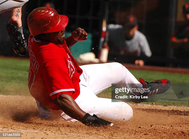 Vladimir Guerrero of the Los Angeles Angels of Anaheim slides safely into home plate on a wild pitch in the ninth inning of 9-8 victory over the...