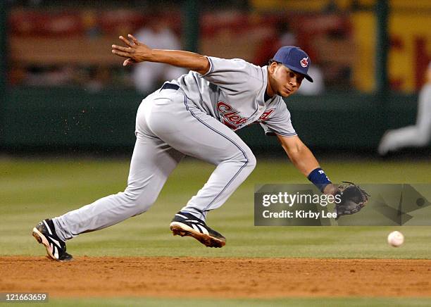 Cleveland Indians shortstop Jhonny Peralta fields a ground ball during 5-1 victory over the Los Angeles Angels of Anaheim in Major League Baseball...