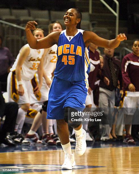 Noelle Quinn of UCLA celebrates 60-59 victory over Arizona State in the Pacific-10 Conference Tournament Semifinals at HP Pavilion in San Jose,...