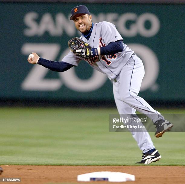 Placido Polanco makes a throw to second base during 5-2 victory over the Los Angeles Angels of Anaheim at Angel Stadium in Anaheim, Calif. On...