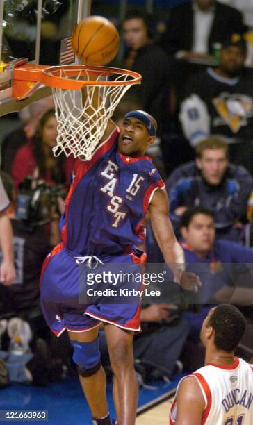 Vince Carter of the Toronto Raptors dunks during the NBA All-Star Game at the Staples Center in Los Angeles, California, on Sunday, February 15,...