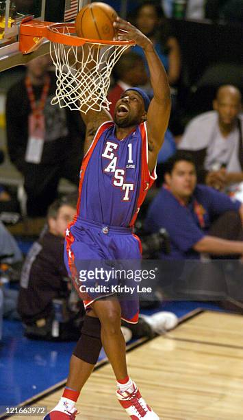 Baron Davis of the New Orleans Hornets dunks during the NBA All-Star Game at the Staples Center in Los Angeles, California, on Sunday, February 15,...
