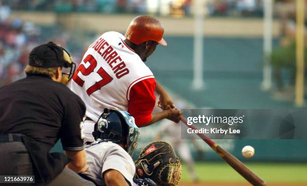 Vladimir Guerrero of the Los Angeles Angels of Anaheim bats during 6-3 loss to the Seattle Mariners at Angel Stadium in Anaheim, Calif. On Saturday,...