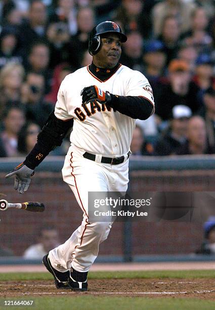 Barry Bonds of the San Francisco Giants bats during 11-5 victory over the Los Angeles Dodgers at SBC Park on Tuesday, June 22, 2004.