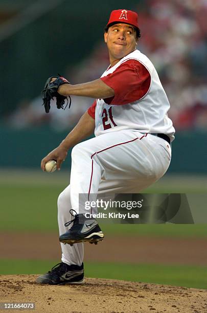 Anaheim Angels starting pitcher Bartolo Colon pitches in the first inning against the Los Angeles Dodgers at Angel Stadium on Saturday, July 3, 2004.