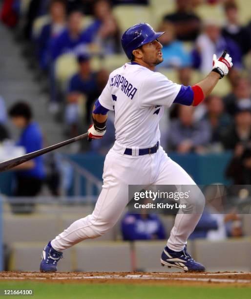 Nomar Garciaparra of the Los Angeles Dodgers bats during 5-1 victory over the Milwaukee Brewers in Major League Baseball game at Dodger Stadium in...