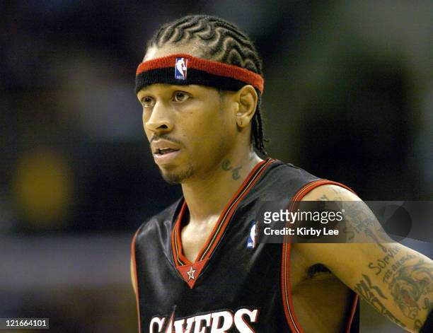 Allen Iverson of the Philadelphia 76ers takes a break during the NBA game between the Los Angeles Lakers and the Philadelphia 76ers at the Staples...