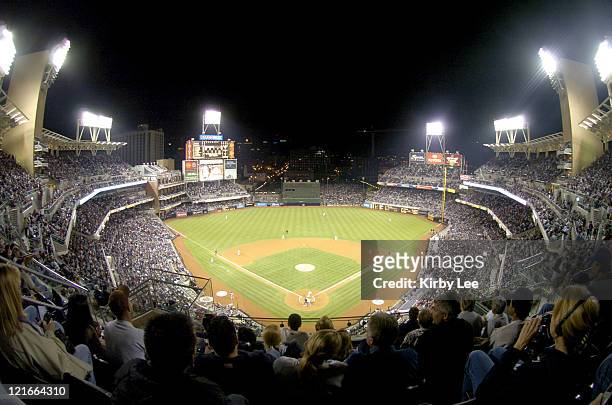 Petco Park record crowd of 45,389 watches San Diego Padres' final home game of the inaugural season against the San Francisco Giants in San Diego,...
