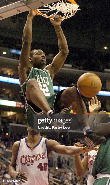 Tony Allen of the Boston Celtics dunks during the 134-127 double overtime victory over the Los Angeles Clippers at the Staples Center in Los Angeles,...