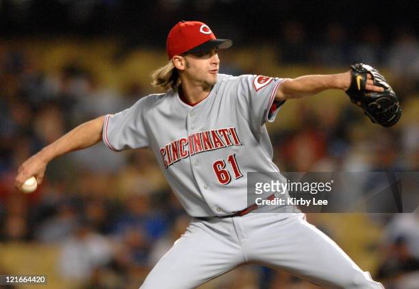 Cincinnati Reds starter Bronson Arroyo pitches during 2-0 loss to the Los Angeles Dodgers in Major League Baseball game at Dodger Stadium in Los...