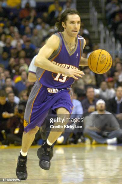 Steve Nash of the Phoenix Suns drives with the ball during the game between the Phoenix Suns and the Los Angeles Lakers at the Staples Center in Los...
