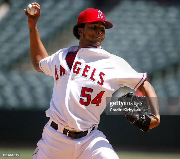 Los Angeles Angels of Anaheim starter Ervin Santana pitches during 8-4 victory over the Baltimore Orioles at Angel Stadium in Anaheim, Calif. On...