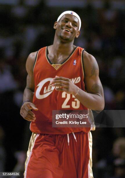 Cleveland Cavaliers rookie LeBron James, the No. 1 pick in the 2003 NBA draft, runs up the court during the NBA All-Star Rookie Challenge at the...