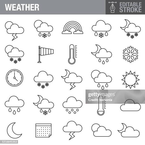 ilustraciones, imágenes clip art, dibujos animados e iconos de stock de conjunto de iconos de trazo editables del tiempo - weather station