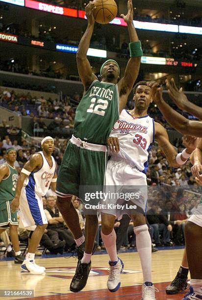 Ricky Davis of the Boston Celtics goes up for a layup during during the 134-127 double overtime win over the Los Angeles Clippers at the Staples...