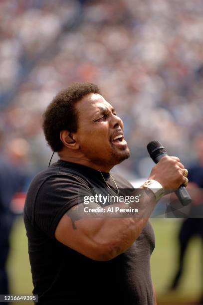 Musician Aaron Neville performs The National Anthem before the New York Jets vs Tennessee Titans game on September 10, 2006 at Adelphia Coliseum .