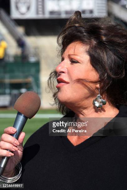 Lainie Kazan performs the National Anthem before the New York Jets vs Oakland Raiders game on October 19, 2008 at The Oakland Coliseum.