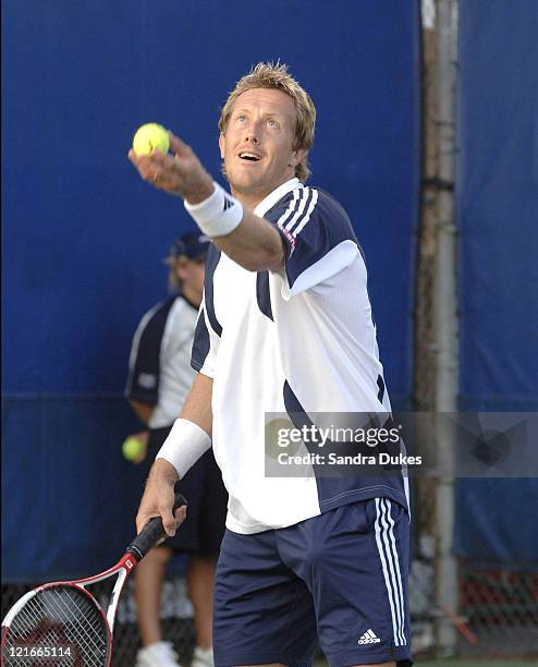 Jonas Bjorkman prepares to serve in his match with Karol Beck won by Beck 6-4 7-5 in the RCA Championships in Indianapolis, IN