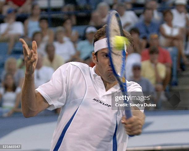 Greg Rusedski volleys in his match with Nicolas Kiefer won by Rusedski 6-3, 6-7 , 6-4 in the RCA Championship in Indianapolis on July 22, 2005.