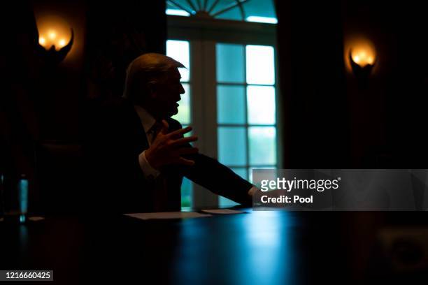 President Donald Trump speaks during a roundtable meeting with energy sector CEOs in the Cabinet Room of the White House April 3, 2020 in Washington,...