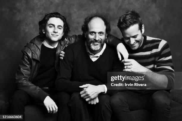 Actors Timothée Chalamet, director Luca Guadagnino and Armie Hammer are photographed for The Wrap on November 28, 2017 in Los Angeles, California.