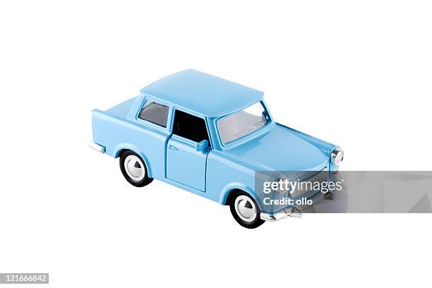 blue toy car - trabant, isolated on white - car white background stockfoto's en -beelden