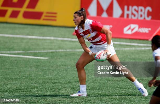 Abby Gustaitis of team USA passes the ball against Fiji during the HSBC World Rugby Sevens Series at Westhills Stadium on MAY 11, 2019 in Langford,...