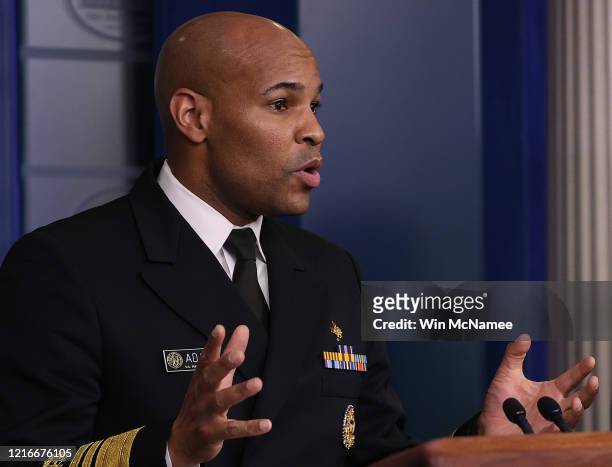 Surgeon General Jerome Adams speaks during a White House Coronavirus Task Force briefing at the White House April 3, 2020 in Washington, DC....