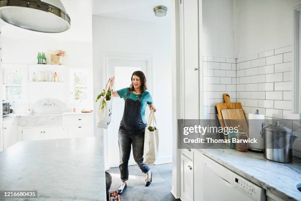 pregnant woman bringing groceries in canvas bags into kitchen - day california arrivals stockfoto's en -beelden