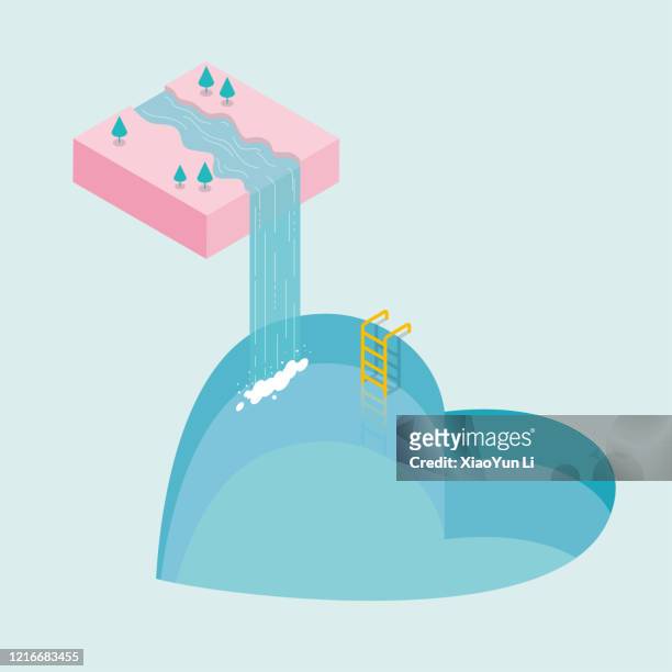 water flows down from mid-air, forming a waterfall, into the   swimming pool,swimming pool is heart shaped symbol shape. - swimming pool hill stock illustrations