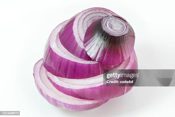 sliced red onion, isolated on white, stacked and layered - red onion white background stock pictures, royalty-free photos & images