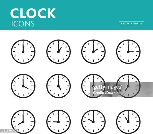 illustrazioni stock, clip art, cartoni animati e icone di tendenza di set di icone dell'ora dell'orologio con lancette con incrementi di un'ora - lancetta dei minuti