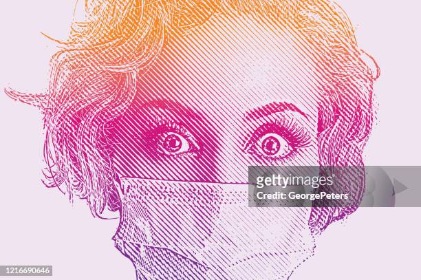 worried woman wearing protective face mask with worried facial expression - paranoia stock illustrations